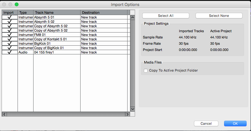 Import Option, la nuova funzione di Cubase con cui è possibile importare le tracce da altri progetti, senza aprirli