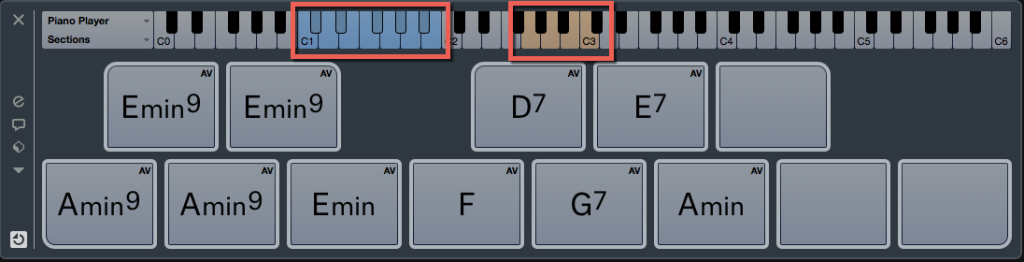 Nel Chord Pad possiamo visualizzare le note dal C1 al B1 utili a fare suonare gli accordi ineriti nei pad e le note dal G2 al C3 che funzioneranno da trigger per arpeggiare