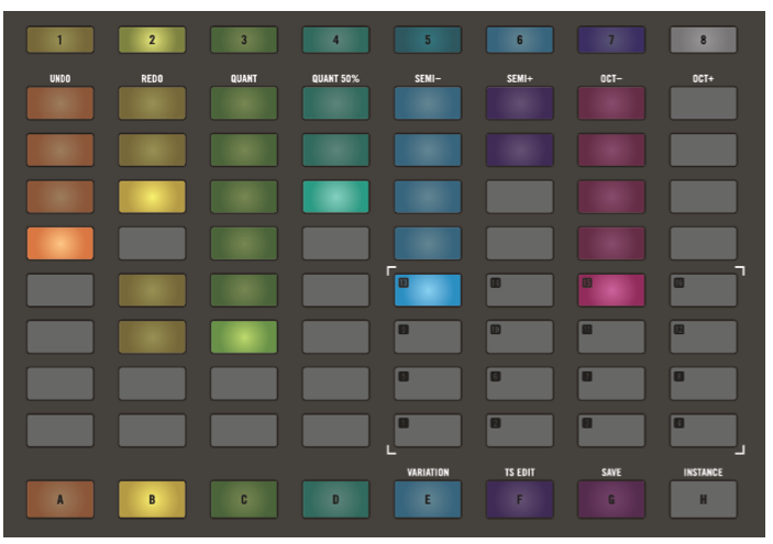 1 Nella modalità Song le 8 colonne rappresentano i gruppi A-H e per ciascun gruppo sono selezionabili otto differenti pattern. La colorazione dei gruppi segue l'impostazione del software