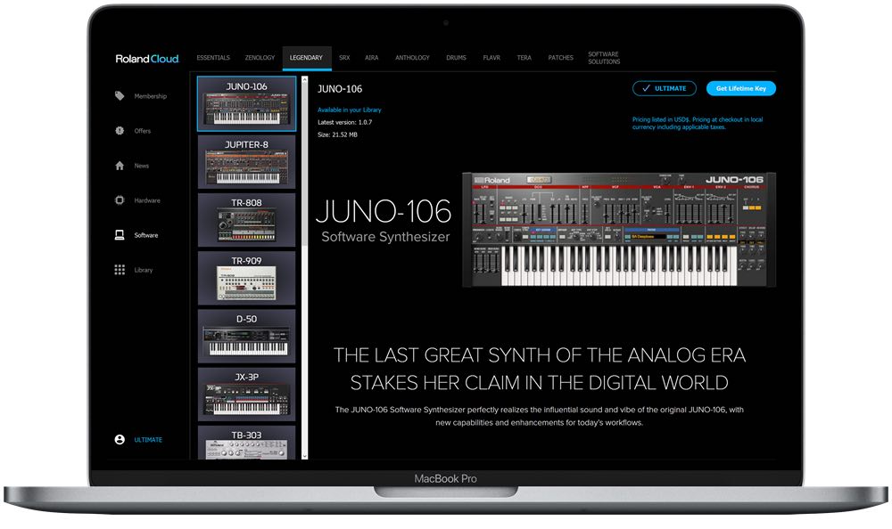 RolandCloud Juno-106 synth soft sintetizzatore vintage producer daw strumenti musicali roland