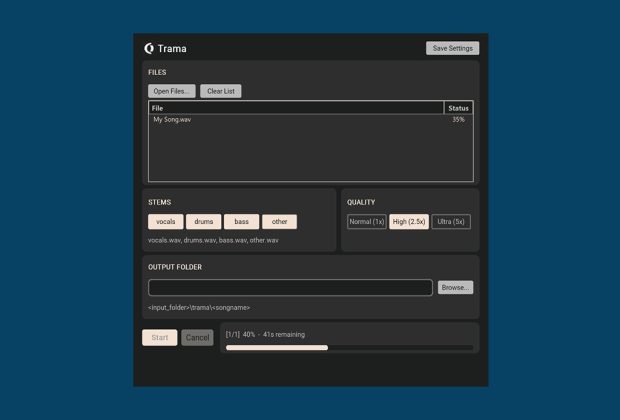 separatore stem AI, Trama AI, stem separation, separatore stem gratuito, separazione stem audio, HTDemucs, trama