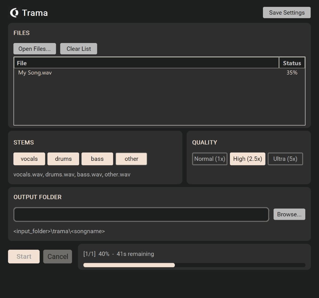 trama, separatore stem AI, Trama AI, stem separation, separatore stem gratuito, separazione stem audio, HTDemucs