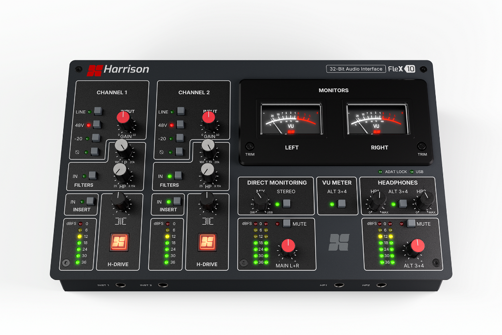Harrison Audio Flex-10: caratteristiche principali Interfaccia audio USB/ADAT 10 ingressi / 12 uscite Conversione fino a 32 bit/192 kHz 2 preamplificatori microfonici Harrison Saturazione a trasformatore H-DRIVE™ Filtri passa-alto e passa-basso Harrison 2 ingressi Hi-Z per strumenti 8 canali ADAT I/O MIDI I/O tramite TRS 3,5 mm Insert bilanciati sui due canali principali 2 uscite monitor indipendenti 2 uscite cuffie Compatibilità con Mac, Windows e Linux Harrison Mixbus 12 incluso Harrison Creator Pack incluso