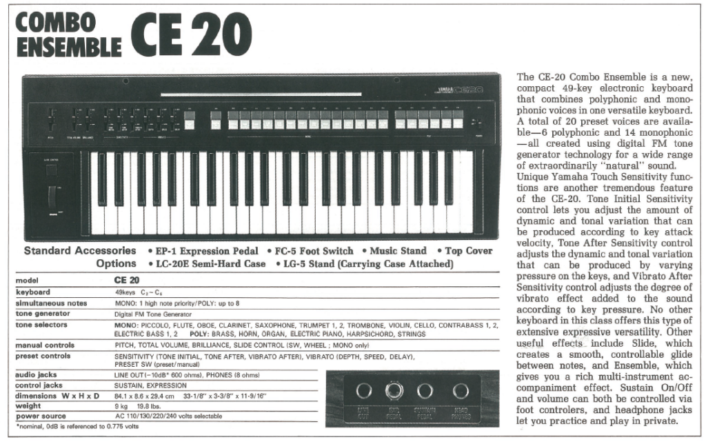 Yamaha, Yamaha CE 20, sintetizzatori vintage, sintesi FM, Yamaha DX7, tastiere vintage, storia dei sintetizzatori, strumenti musicali elettronici, sintetizzatori digitali, Yamaha GS1, riccardo gerbi, giorgio marinangeli, marcello colò, synth legend
